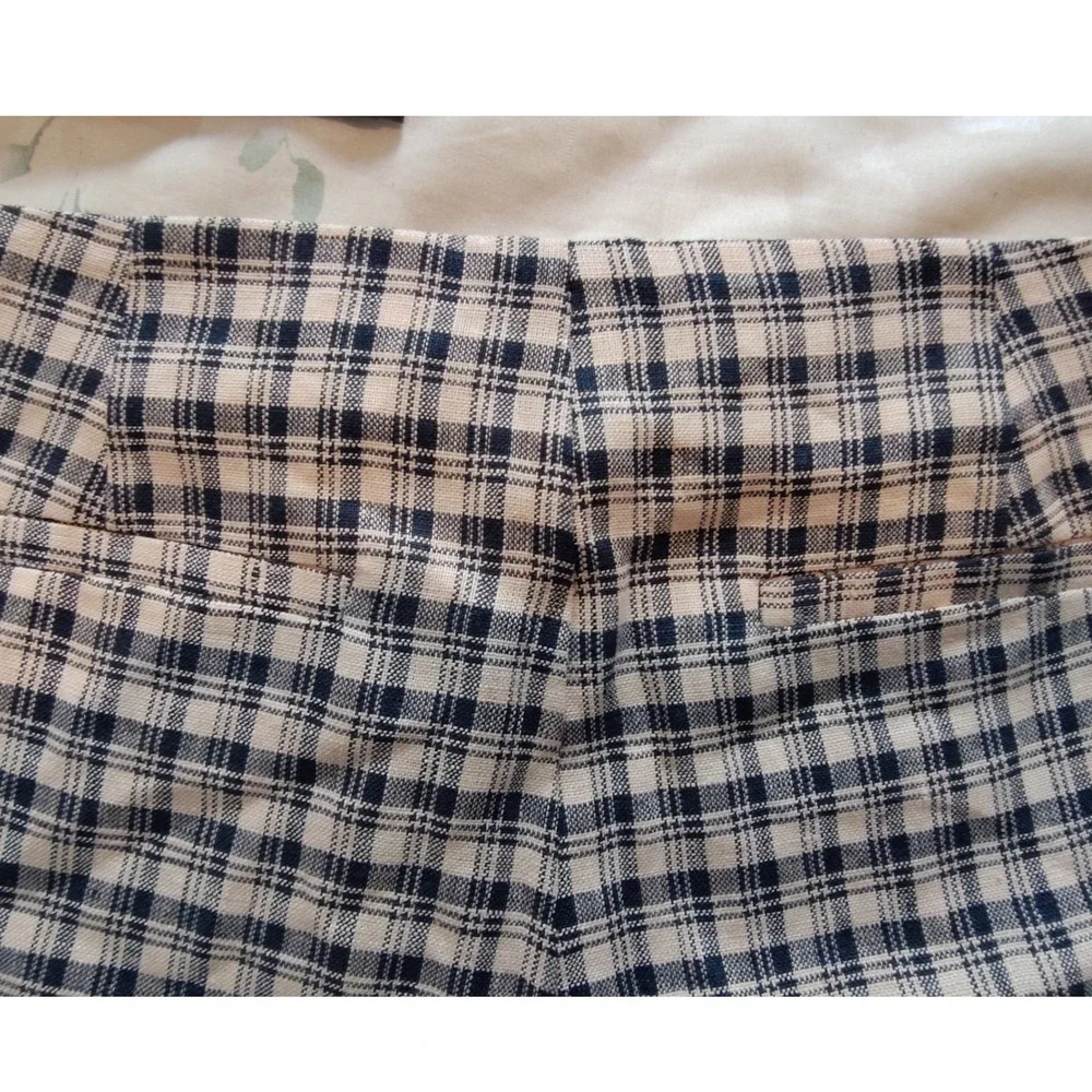 Reformation Vida Linen Low Rise Pant Beacon Check Plaid Navy Cream 6 NEW